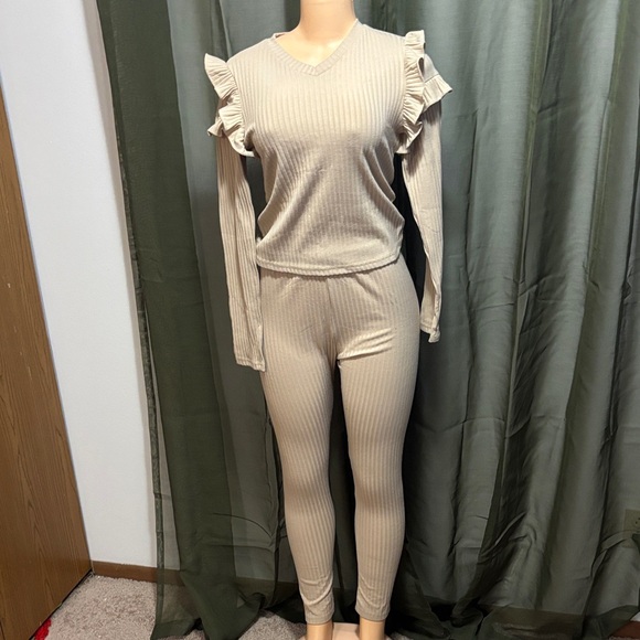 Beige Ribbed Ruffle Sleeve Lounge Set - Picture 1 of 2